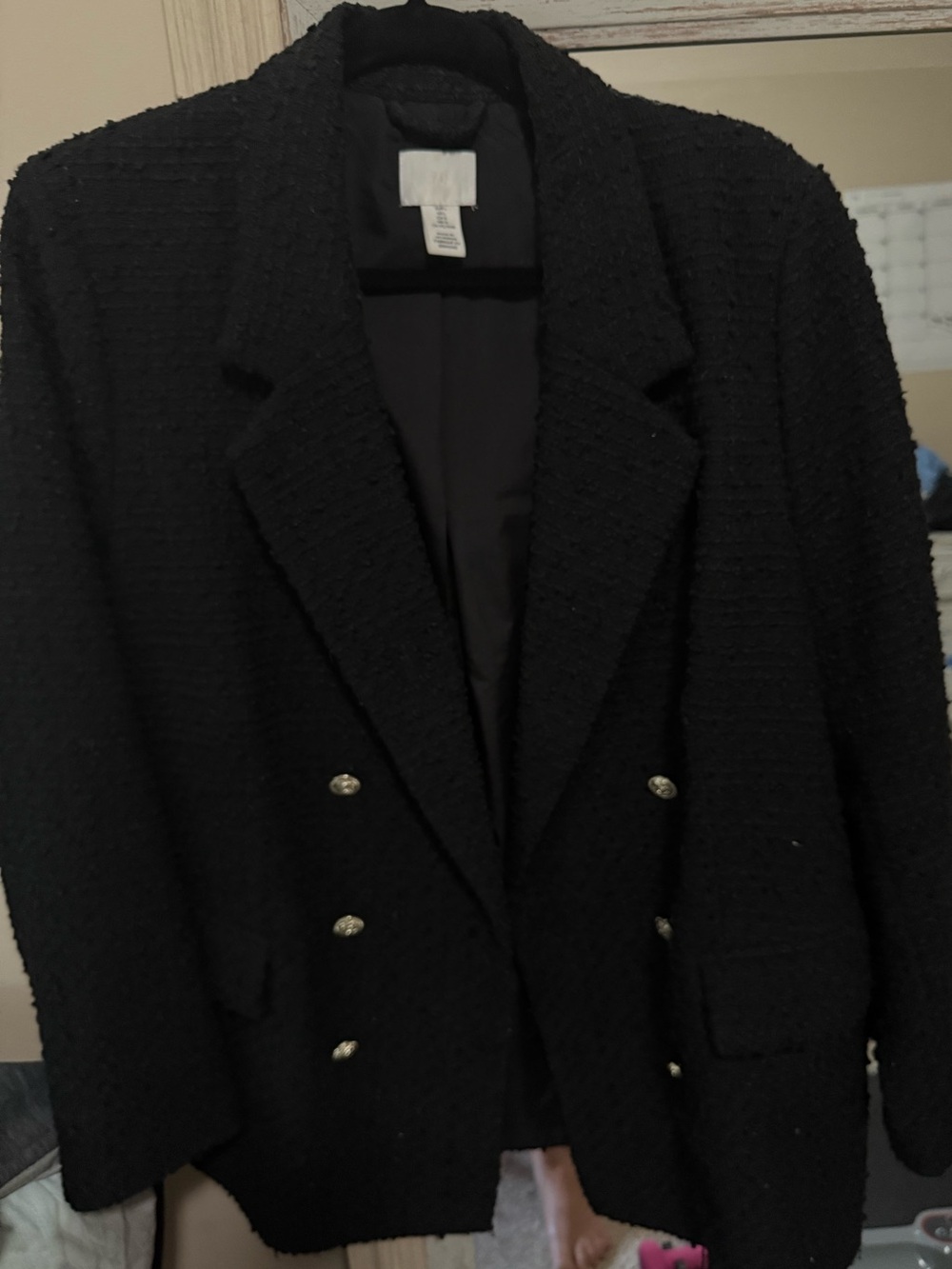 H&M Black Textured Double-Breasted Blazer with Gold Decorative Buttons Size L